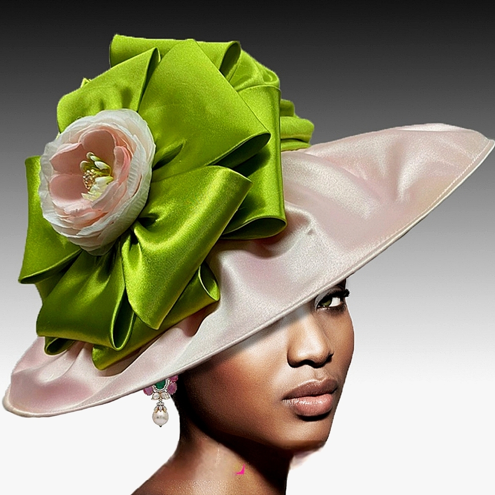 Beloved Millinery Exquisite Handcrafted Pink and Green Satin Big Bow Couture Hat